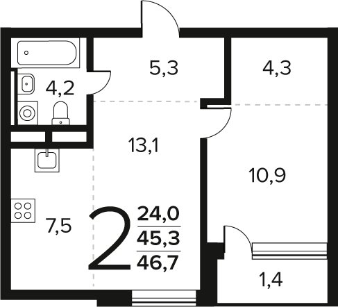 2-комнатная квартира (евро) без отделки, 46.7 м2, 9 этаж, сдача 4 квартал 2027 г., ЖК Новые Ватутинки. Заречный, корпус 6/2 - объявление 2458530 - фото №1