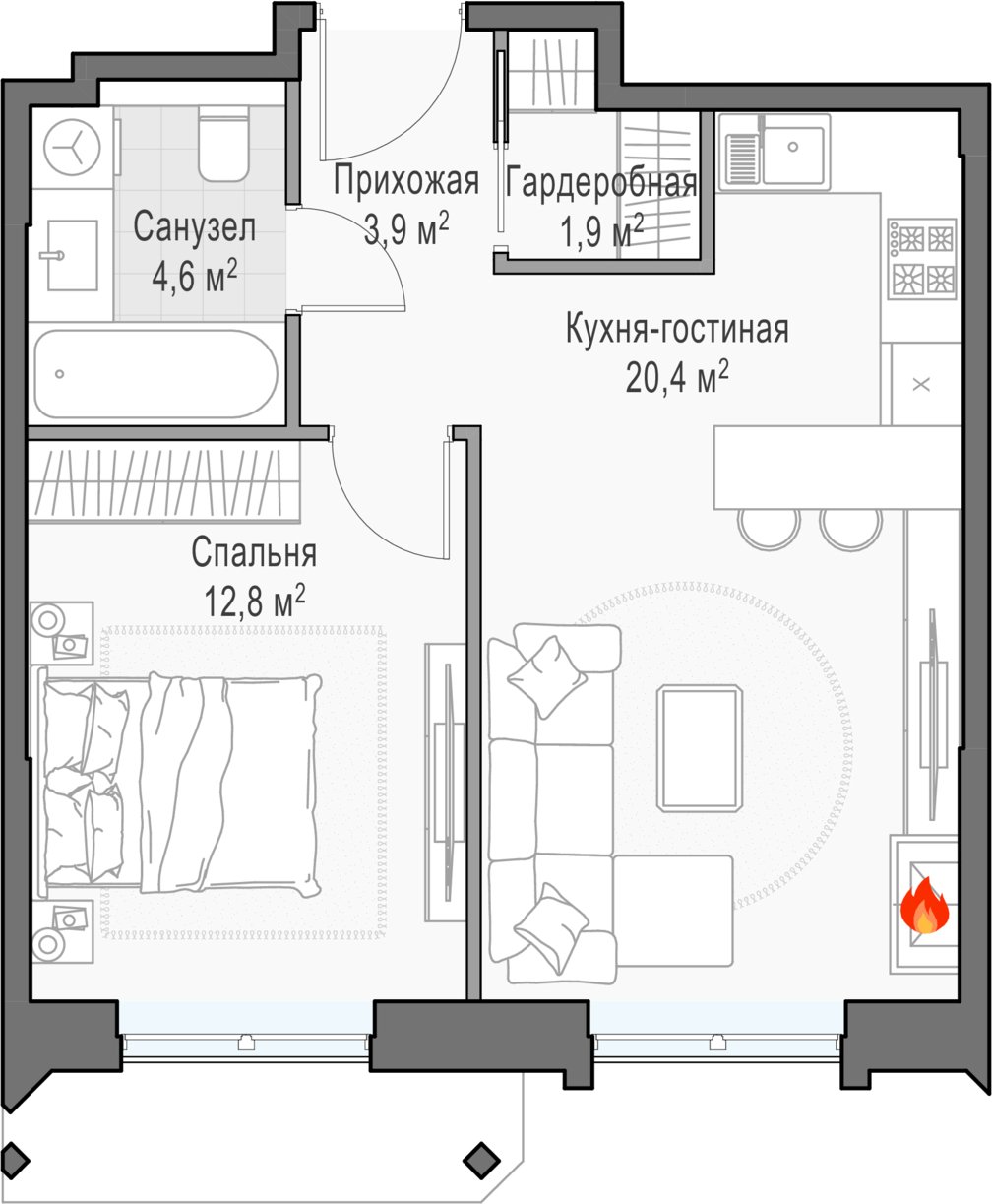 1-комнатная квартира 44.4 м2, 26 этаж, дом сдан, ЖК Дом Достижение, корпус 1 - объявление 2458175 - фото №1