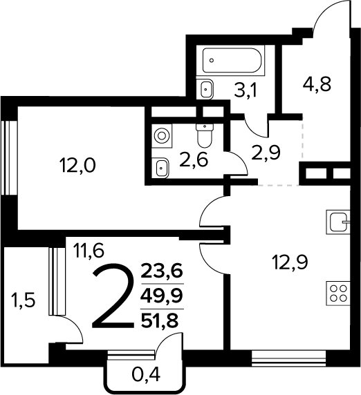 2-комнатная квартира без отделки, 51.8 м2, 10 этаж, сдача 4 квартал 2027 г., ЖК Новые Ватутинки. Заречный, корпус 6/9 - объявление 2458531 - фото №1