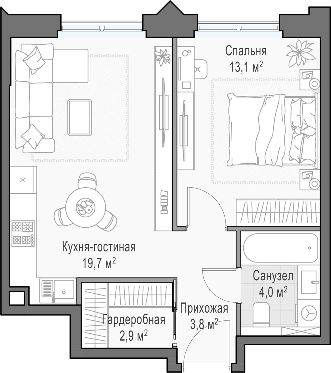 1-комнатная квартира 44.3 м2, 25 этаж, дом сдан, ЖК Дом Достижение, корпус 1 - объявление 2458172 - фото №1