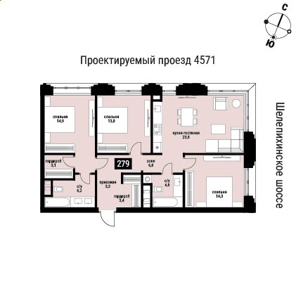 3-комнатная квартира без отделки, 93.9 м2, 28 этаж, сдача 2 квартал 2026 г., ЖК Шелепиха, корпус 1 - объявление 2481662 - фото №1