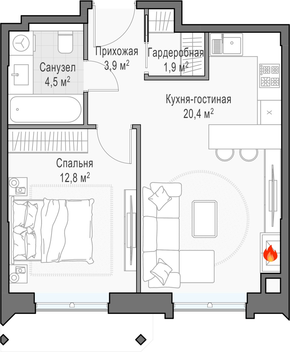 1-комнатная квартира 44.4 м2, 27 этаж, дом сдан, ЖК Дом Достижение, корпус 1 - объявление 2458174 - фото №1