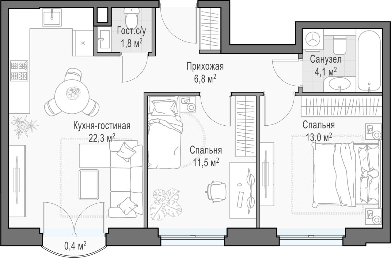 2-комнатная квартира 60.3 м2, 16 этаж, дом сдан, ЖК Дом Достижение, корпус 1 - объявление 2458180 - фото №1