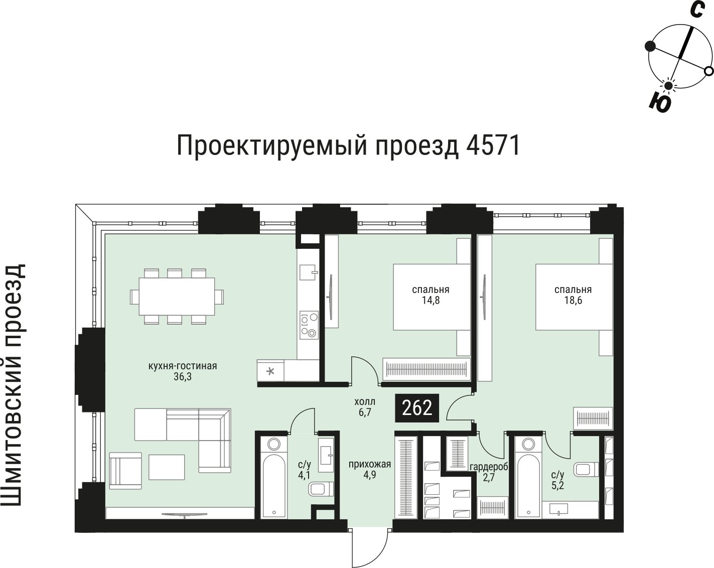 2-комнатная квартира без отделки, 93.3 м2, 27 этаж, сдача 2 квартал 2026 г., ЖК Шелепиха, корпус 1 - объявление 2470412 - фото №1